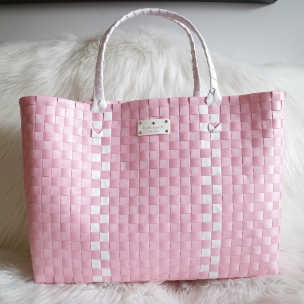 NWOT Kate Spade Pink White Beach Woven Tote Bag